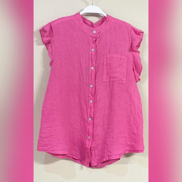 Venti6 Tops - (8093-FUCH) SOLID RUFFLE SHORT SLEEVE CHEST POCKET BUTTON DOWN LINEN TOP